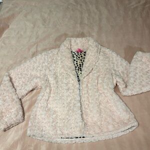 Betsey Johnson Cream pink Fuzzy Jacket with Leopard Print